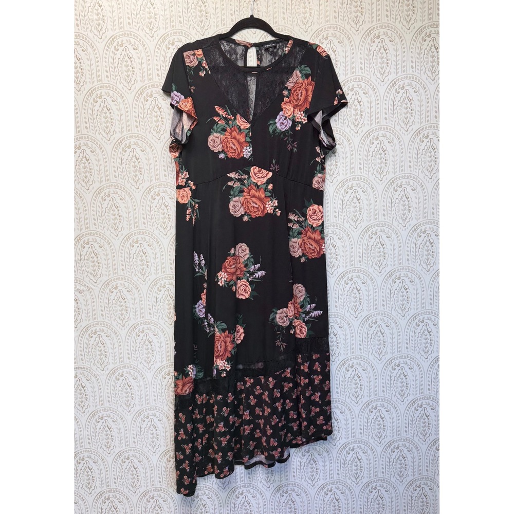 Torrid Midi Dress Womens 2 Black Floral Lace Asymmetrical Hem Short Sleeve Boho